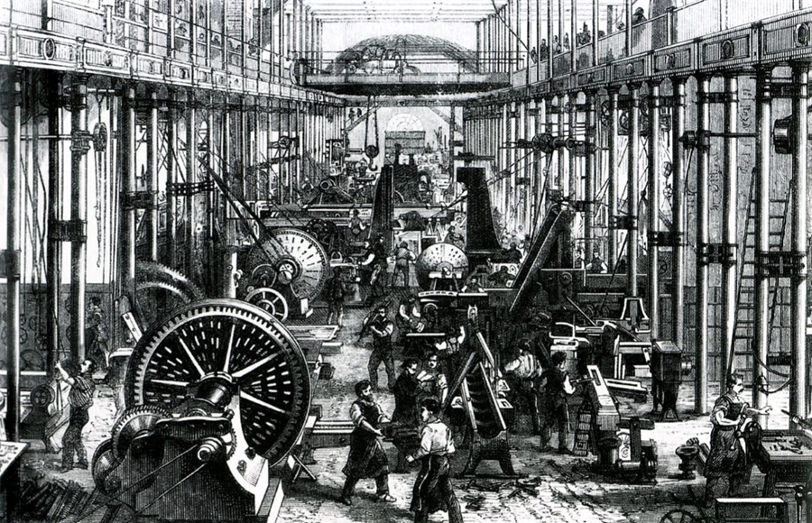 Industrialization era factories depicted